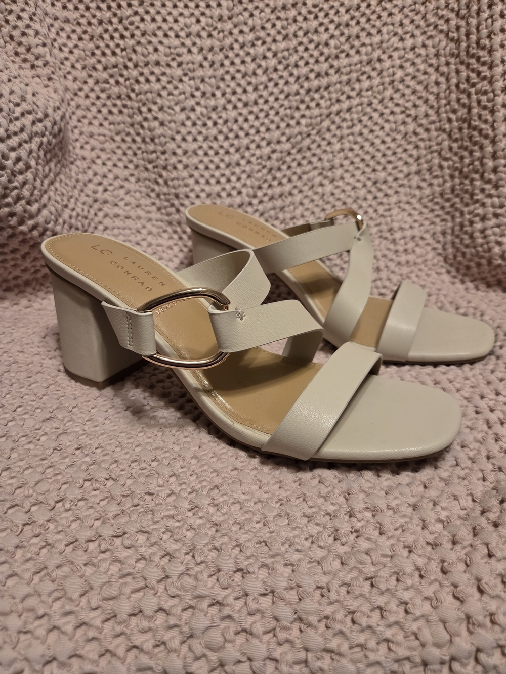 LC Lauren Conrad Ivory Strappy Block Heel Sandals with Gold Accent